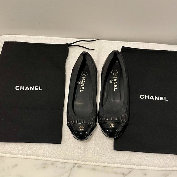 Chanel Ballet Flats - Black, Size 37 Patent Cap Toe - Picture 1 of 6